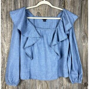 J. Crew Chambray Ruffle Square Neck Blouse XS Beach Coastal Romantic Cottagecore